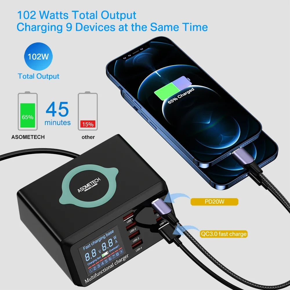 100W 8 Ports USB Charger Quick Charge 3.0 Adapter HUB Wireless Charger Charging Station PD Fast Charger for Iphone 11 13 Samsung