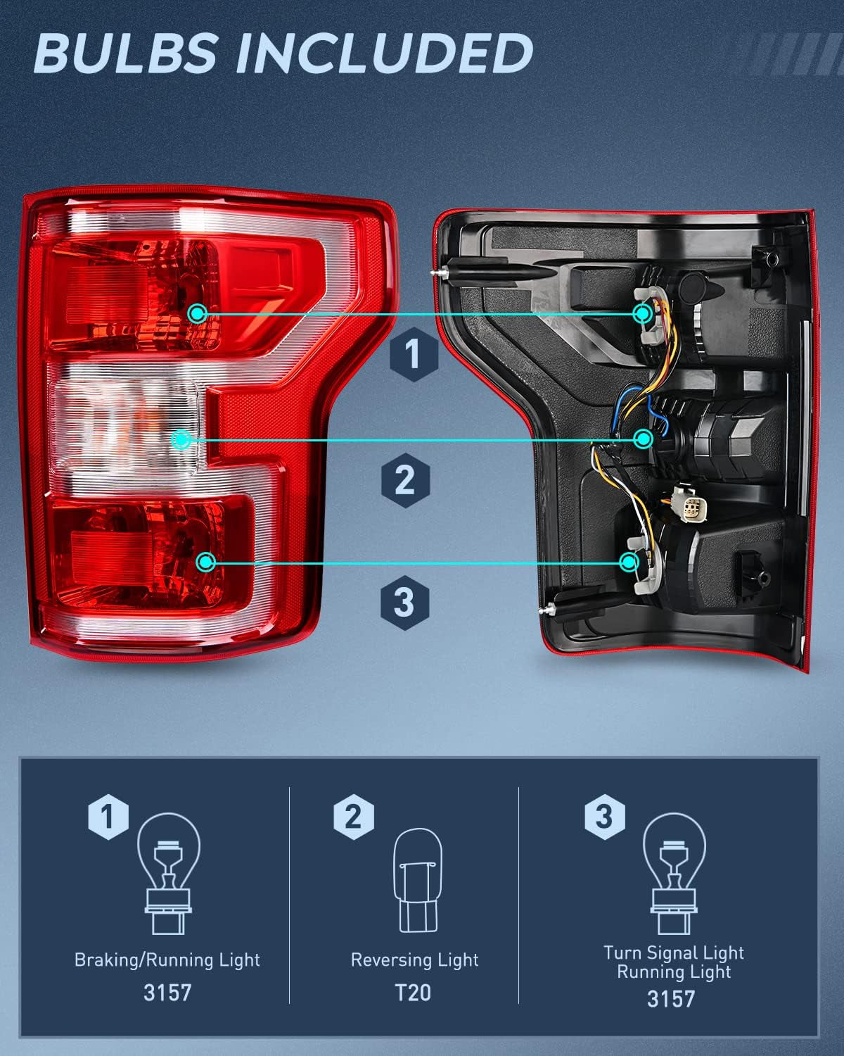 Taillight Assembly Compatible with 2018 2019 2020 Ford F150 F-150 Pickup Truck Tail Light Rear Lamp Replacement OE Style Red Housing with Bulbs and Harness Driver and Passenger Side