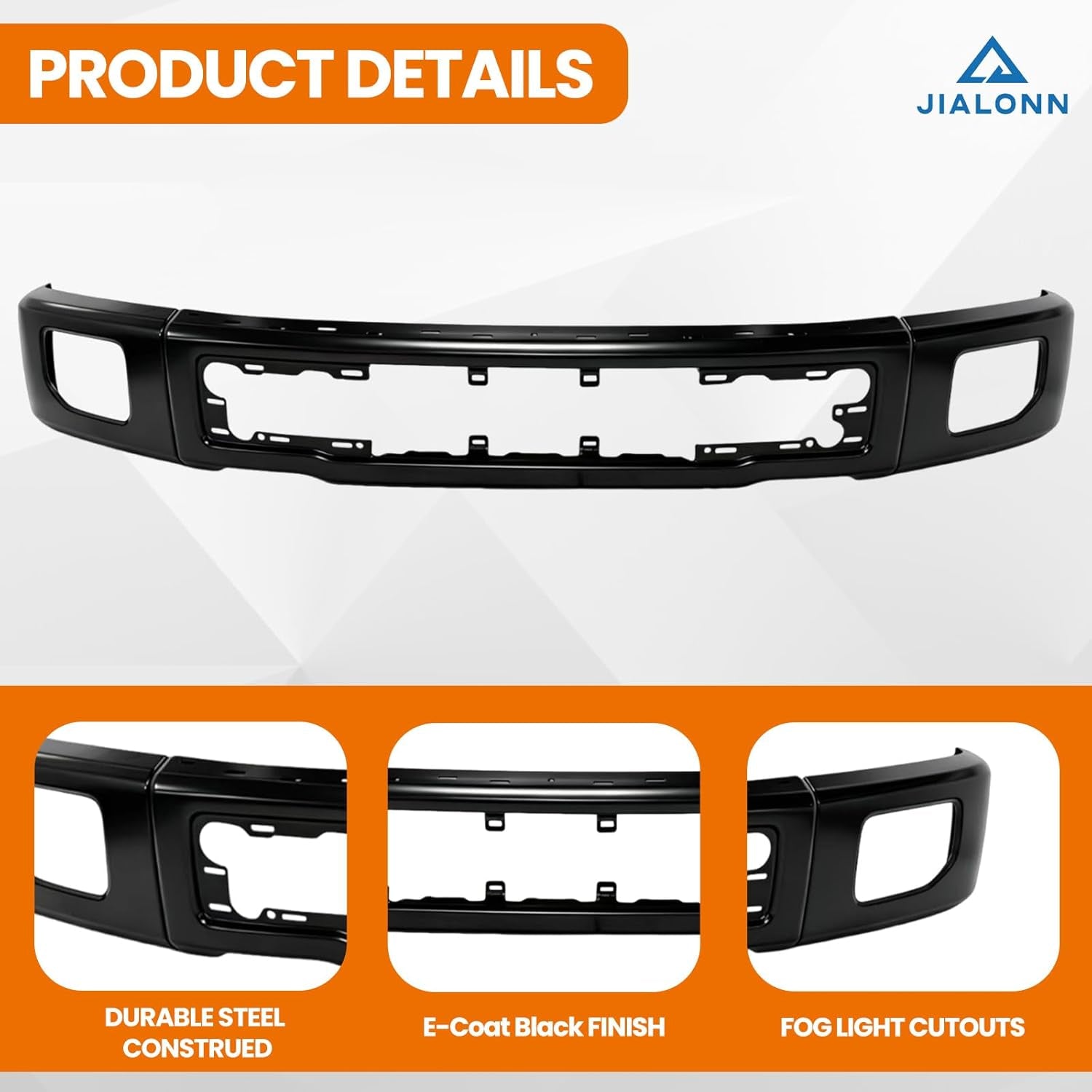 Front Bumper Face Bar Compatible with 2015-2017 Ford F-150 F150 with Fog Light Cutout Hole Replacement for FO1002424 FL3Z17757FPTM | 3 Piece Design Black