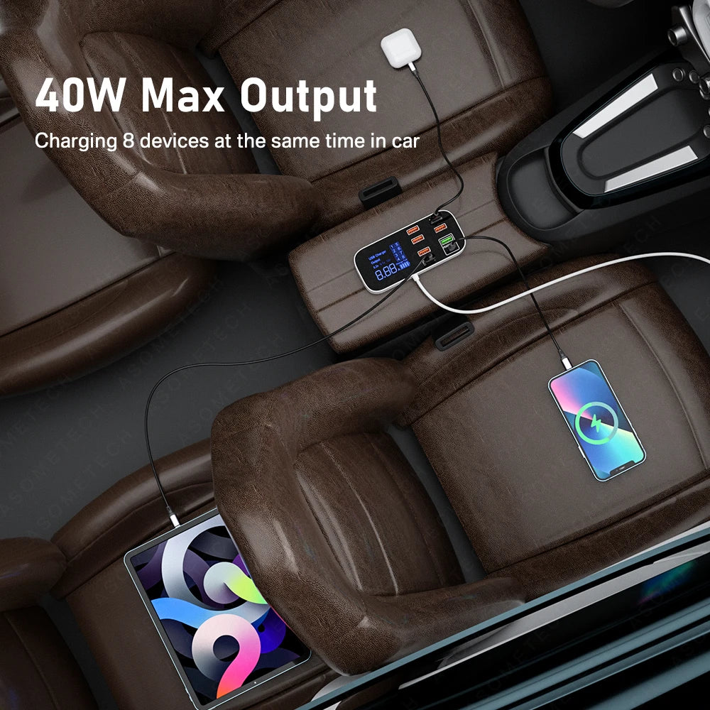40W 8 Ports USB Car Charger QC3.0 PD Type C Fast Phone Charger with LED Display Multi USB Charger for Iphone 14 Android Samsung