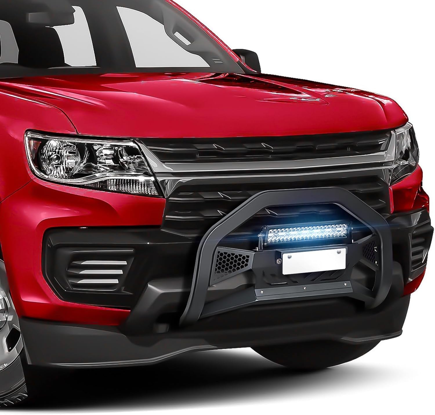 Bull Bar with LED Light & License Plate Frame Compatible with 2015-2022 Chevy Colorado & GMC Canyon Front Brush Guard, Truck Guard Grille, Bumper Push Bar (Include Light Mount & Skid Plate)