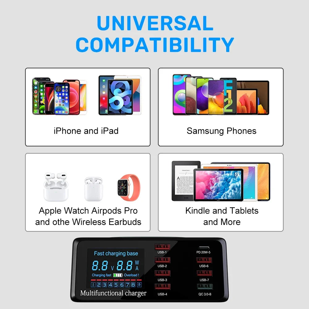 100W 8 Ports USB Charger Quick Charge 3.0 Adapter HUB Wireless Charger Charging Station PD Fast Charger for Iphone 11 13 Samsung