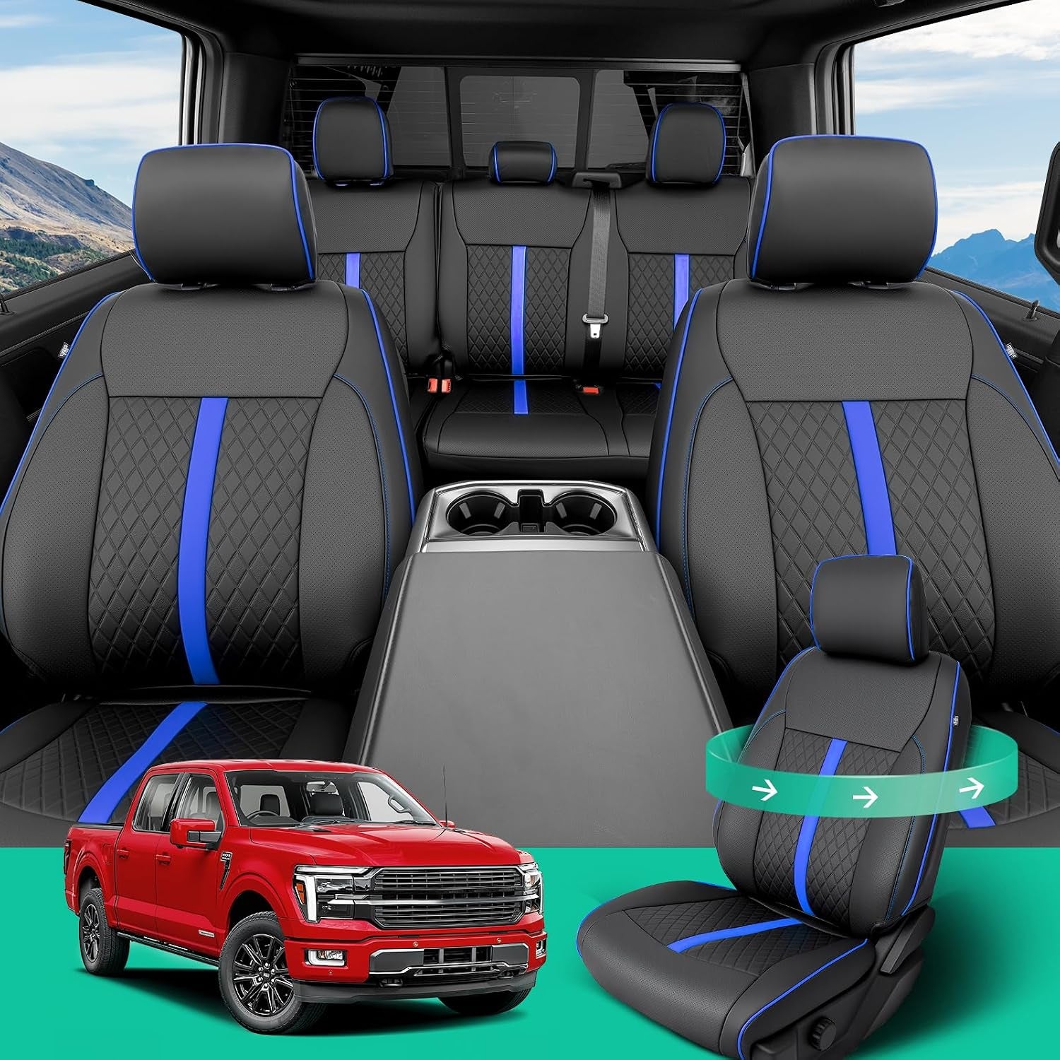 ® for Ford F150 Seat Covers: 2015-2026 Supercrew/Crew Cab, Full Set Faux Leather Truck Seat Covers for F-150 XL XLT, Car Accessories Custom Fit Pickup Seat Protectors for Ford F 150, Black/Blue