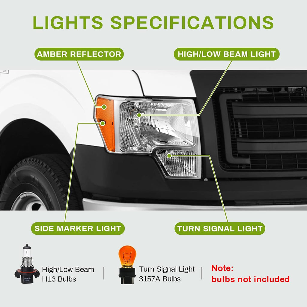 Headlight Assembly Compatible with 2009-2014 Ford F150 Pickup OE Direct Replacement Headlamp Chrome Housing Clear Lens with Chrome Trim