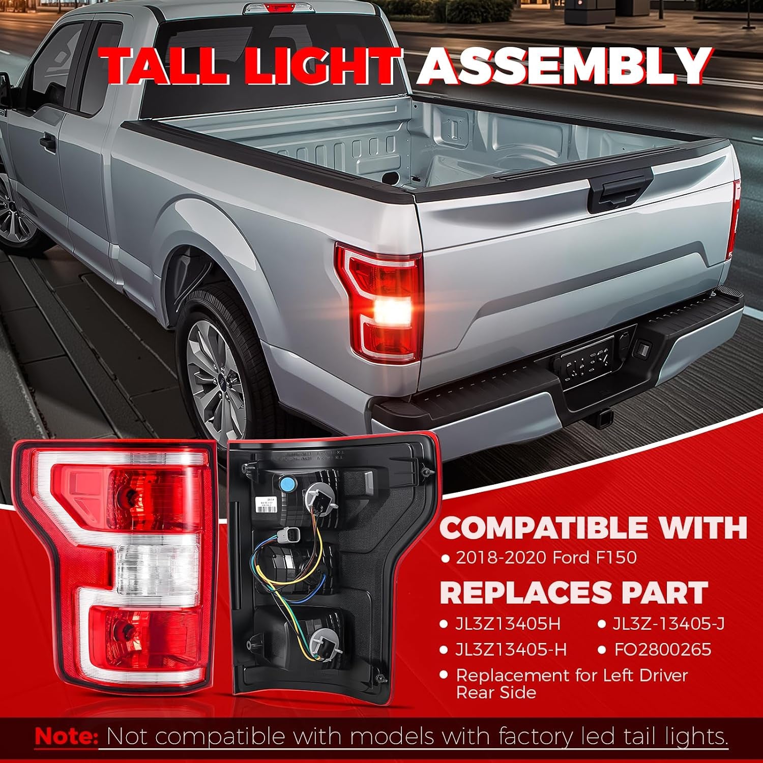 F50 Tail Lights Assembly Compatible with 208 209 2020 Ford F50 Left Driver Side Taillight Brake Lamps Bulb and Harness Replace JL3Z3405H