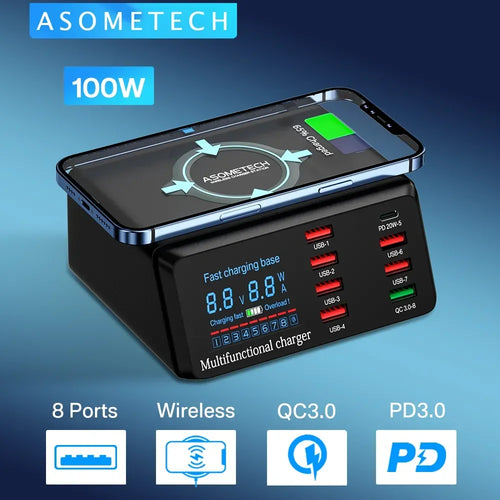 100W 8 Ports USB Charger Quick Charge 3.0 Adapter HUB Wireless Charger Charging Station PD Fast Charger for Iphone 11 13 Samsung