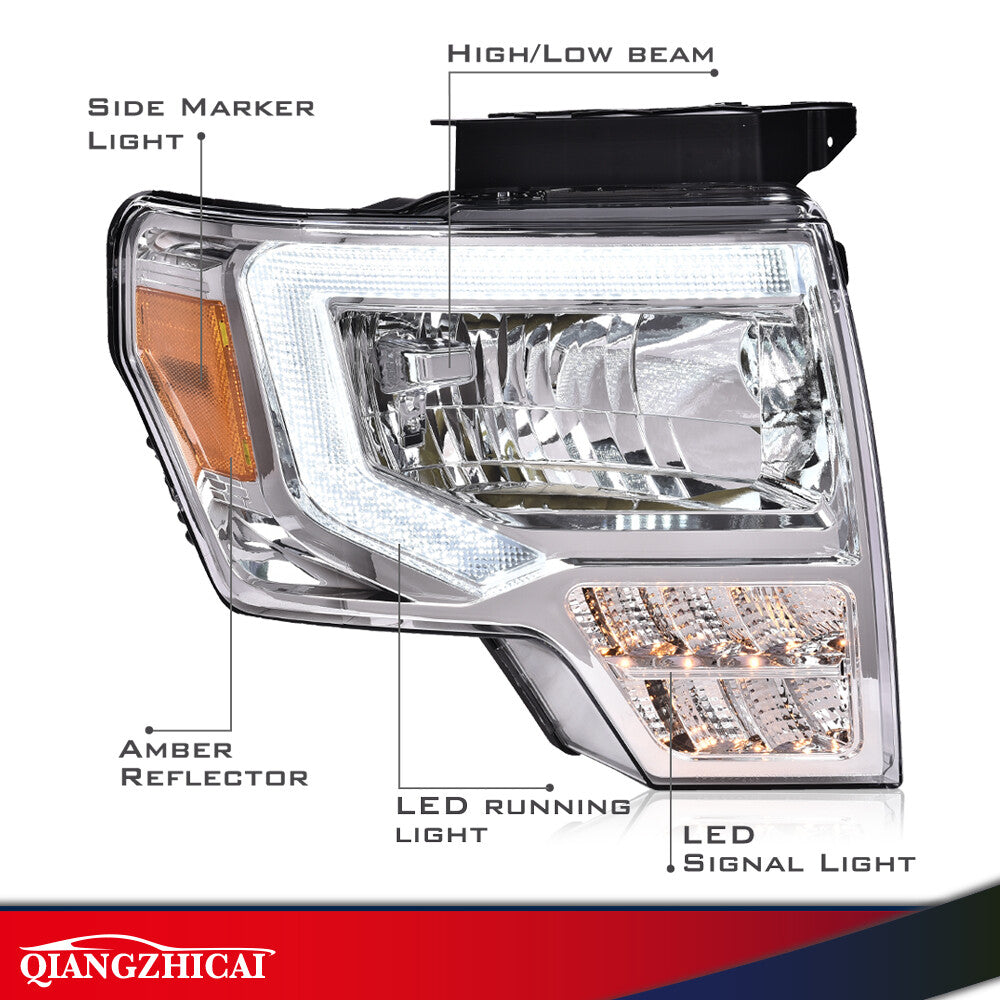 Fit for 09-2014 Ford F150 F-150 Truck LED DRL Headlights Chrome/ Clear