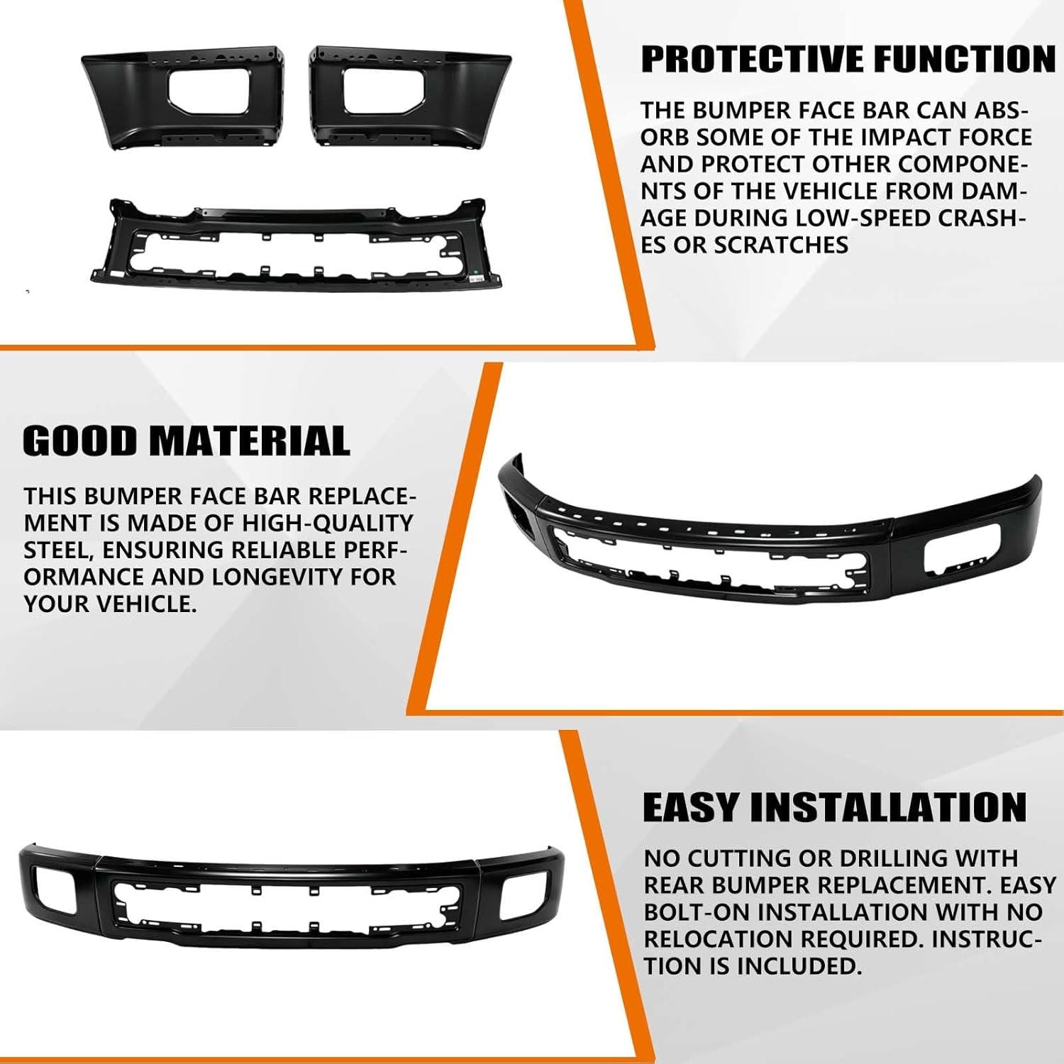 Front Bumper Face Bar Compatible with 2015-2017 Ford F-150 F150 with Fog Light Cutout Hole Replacement for FO1002424 FL3Z17757FPTM | 3 Piece Design Black