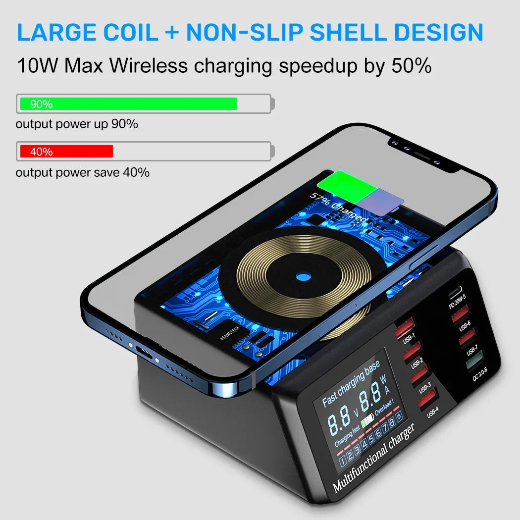 100W 8 Ports USB Charger Quick Charge 3.0 Adapter HUB Wireless Charger Charging Station PD Fast Charger for Iphone 11 13 Samsung