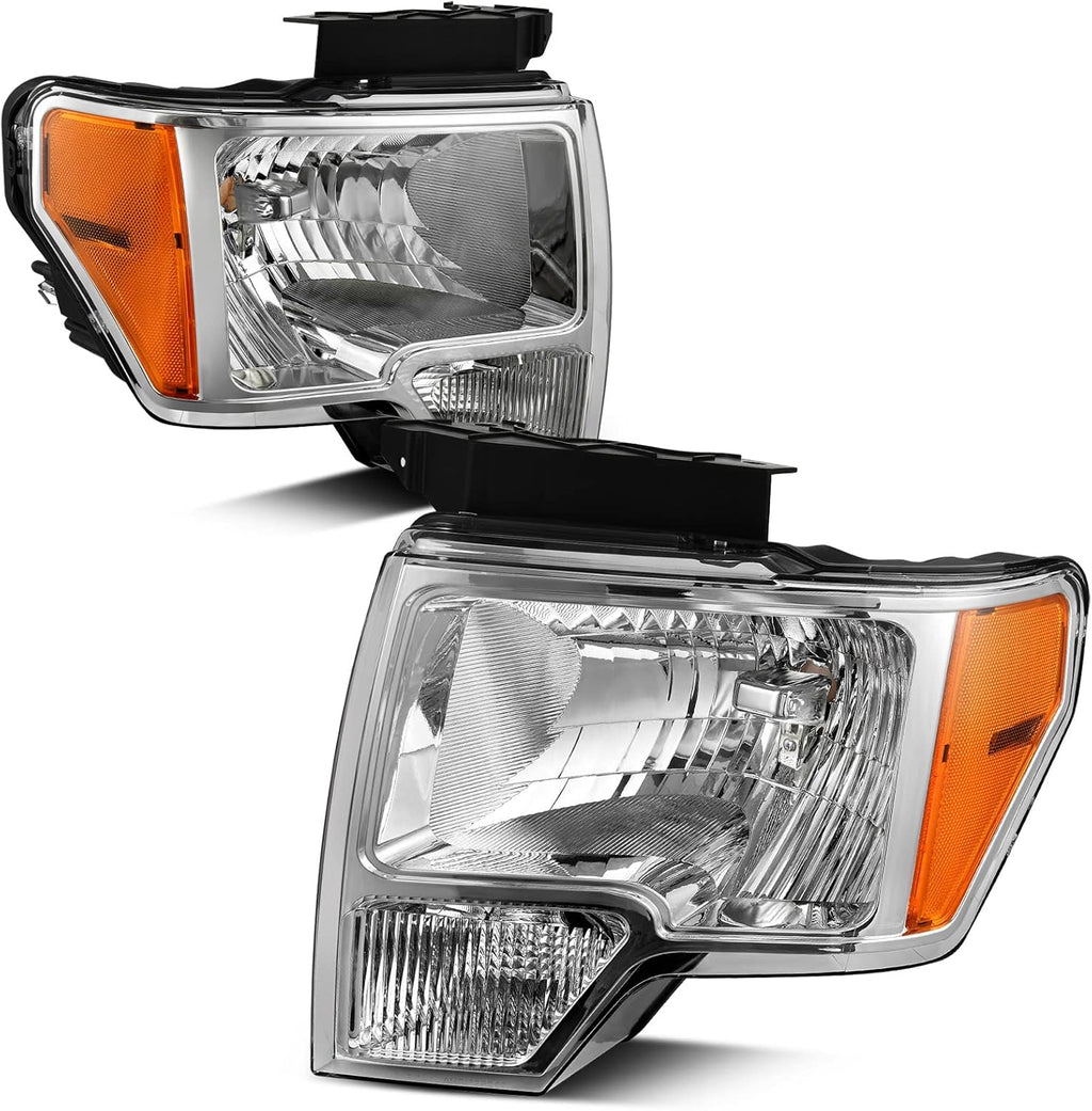 Headlight Assembly Compatible with 2009-2014 Ford F150 Pickup OE Direct Replacement Headlamp Chrome Housing Clear Lens with Chrome Trim