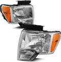Headlight Assembly Compatible with 2009-2014 Ford F150 Pickup OE Direct Replacement Headlamp Chrome Housing Clear Lens with Chrome Trim