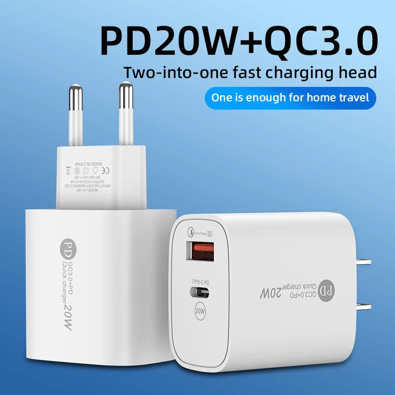 USB PD Charger 20W Dual Ports Type C Wall Charger Quick Charge 3.0 for Iphone Xiaomi Samsung Phone Charger Fast Charging Adapter