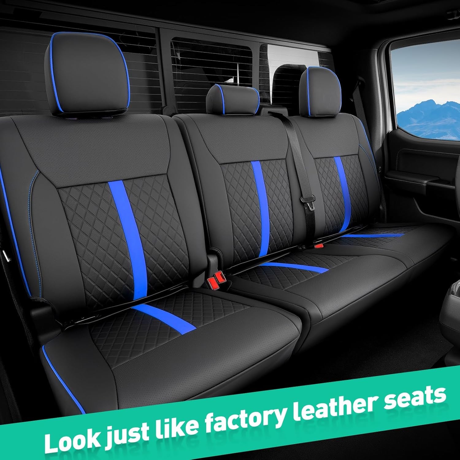 ® for Ford F150 Seat Covers: 2015-2026 Supercrew/Crew Cab, Full Set Faux Leather Truck Seat Covers for F-150 XL XLT, Car Accessories Custom Fit Pickup Seat Protectors for Ford F 150, Black/Blue