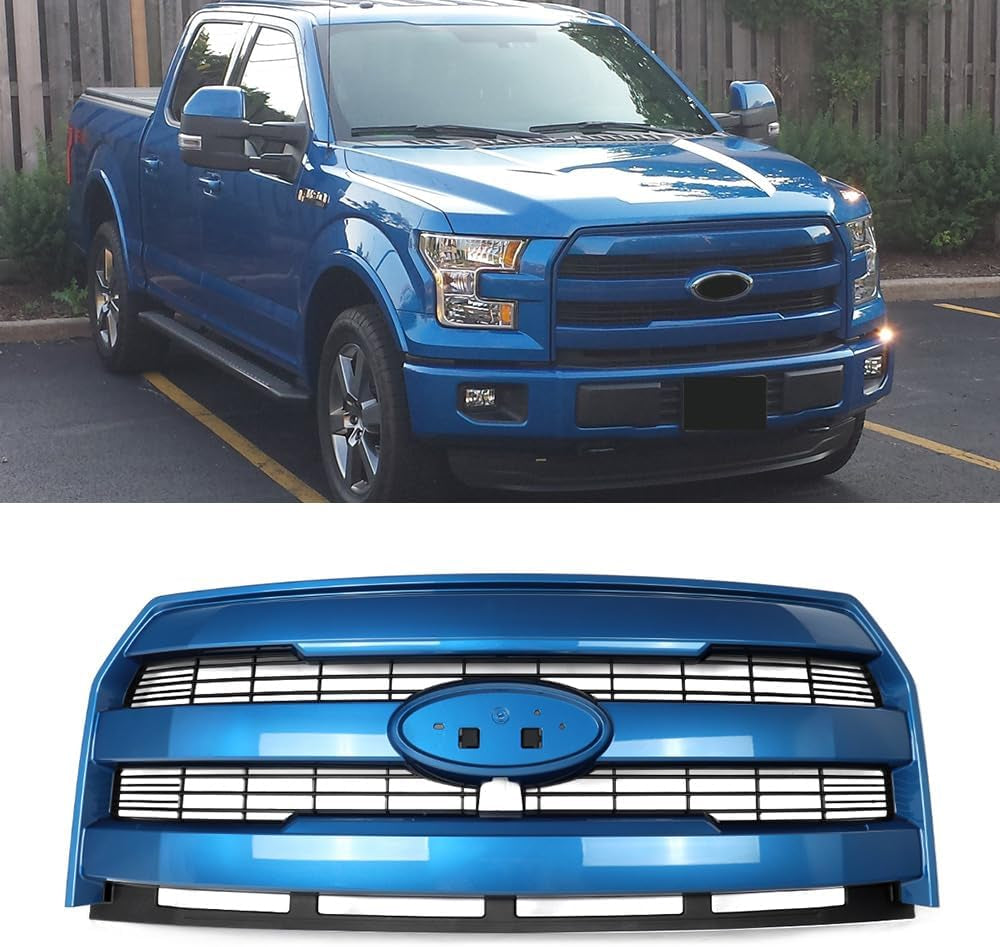 Blue Flame Bumper Grille Assembly Fits 2015-2017 Ford F150 Lariat Model Grill Assembly W/Camera Hole Replace for FL3Z8200GA