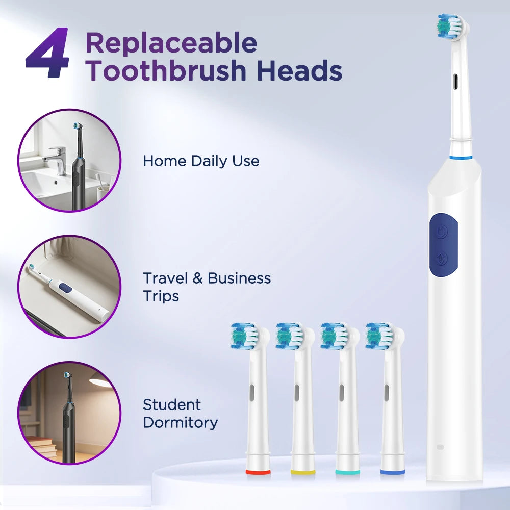 Smart Timer Rotating Electric Toothbrush, 5 Modes Teeth Cleaning Setting , Electric Teethbrush with 4 Teethbrush round Heads