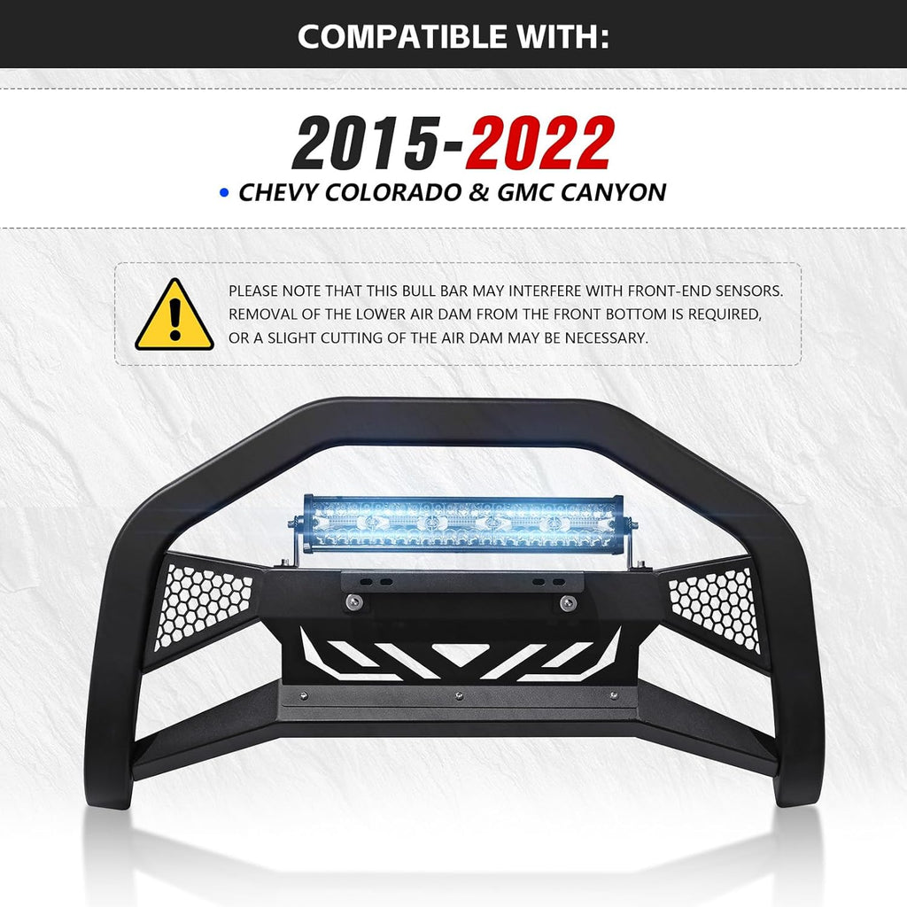 Bull Bar with LED Light & License Plate Frame Compatible with 2015-2022 Chevy Colorado & GMC Canyon Front Brush Guard, Truck Guard Grille, Bumper Push Bar (Include Light Mount & Skid Plate)