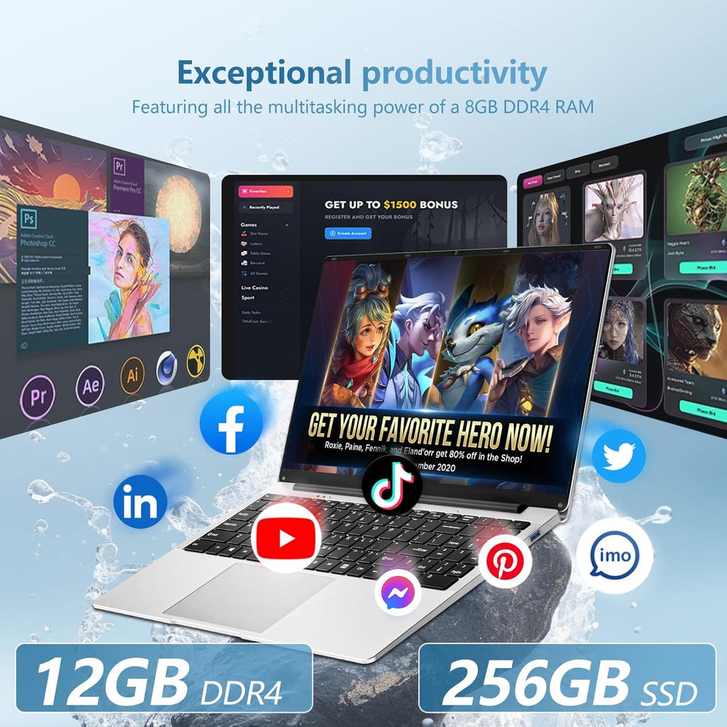 Laptop, 15.6’’ Laptop Computer with Celeron Processor N4000, 2Cores 2Threads, 8GB RAM DDR4 256GB SSD Laptops, UHD Graphics 600, Lap Top 180°Hinge, FHD 1920 * 1080, Wifi 5, BT 4.2, 12V/2A