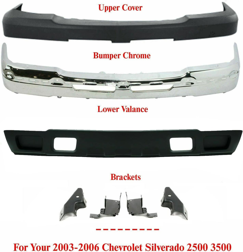 Front Bumper Chrome Steel+Upper Cover+Lower Valance Textured+Bracket Set Left Right Side 2003-2006 Chevrolet Silverado 2500HD 3500 Direct Replacement GM1002416 GM1051109 GM1061101