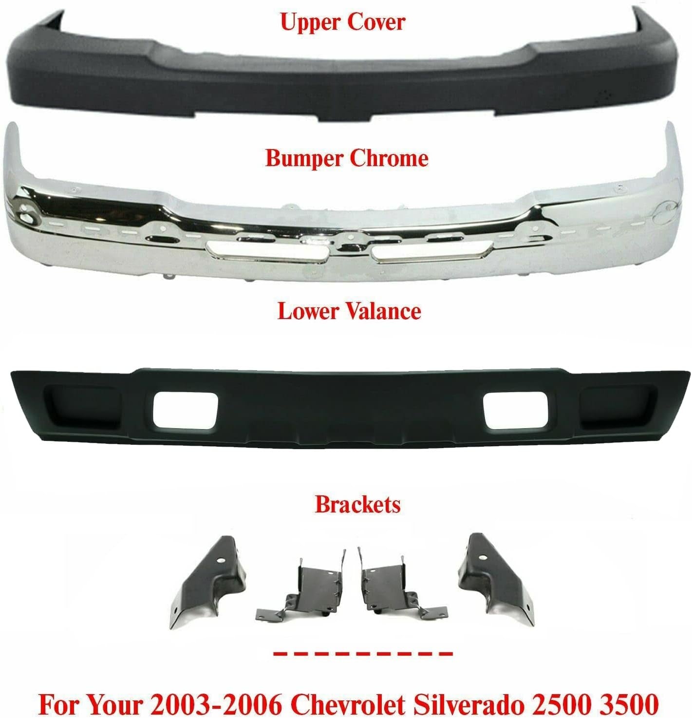 Front Bumper Chrome Steel+Upper Cover+Lower Valance Textured+Bracket Set Left Right Side 2003-2006 Chevrolet Silverado 2500HD 3500 Direct Replacement GM1002416 GM1051109 GM1061101