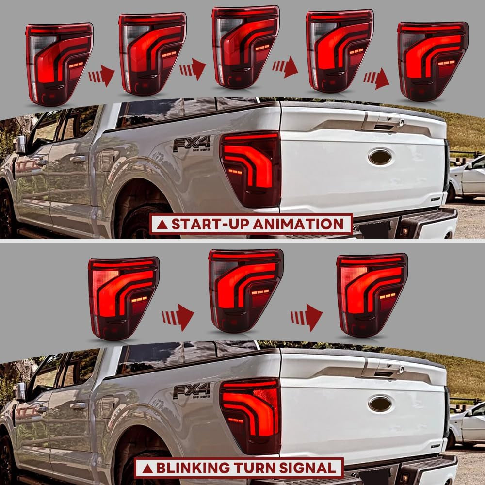 Upgrade Tail Lights for Ford F150 F-150 All Models 2021-2025 14Th Gen New Taillights with Startup Animation Flashing Turn Signal Running Reverse Brake Stop Rear Lamp(Red)