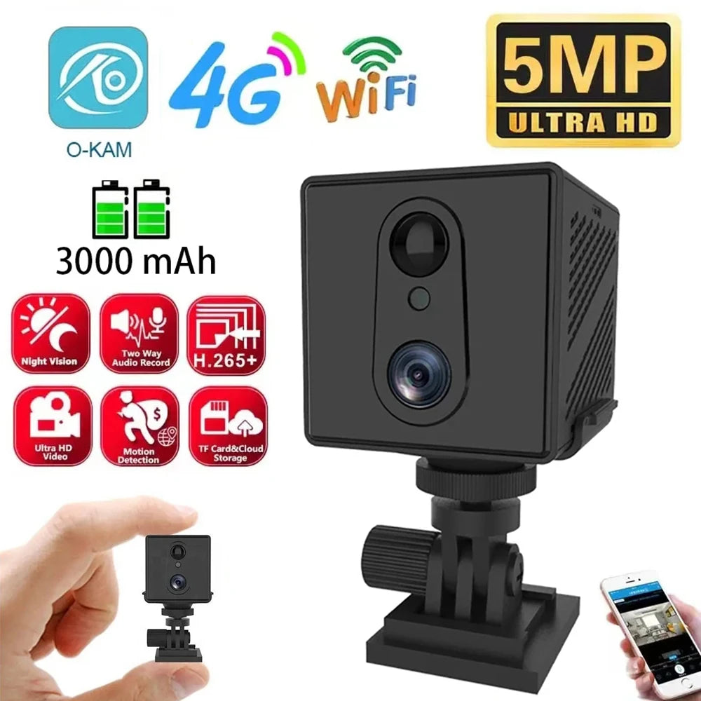UHD 5MP 4G Sim Card Surveillance Security Mini Camera Rechargeable 3000Mah Low Power Surveillance Camera for Home Indoor