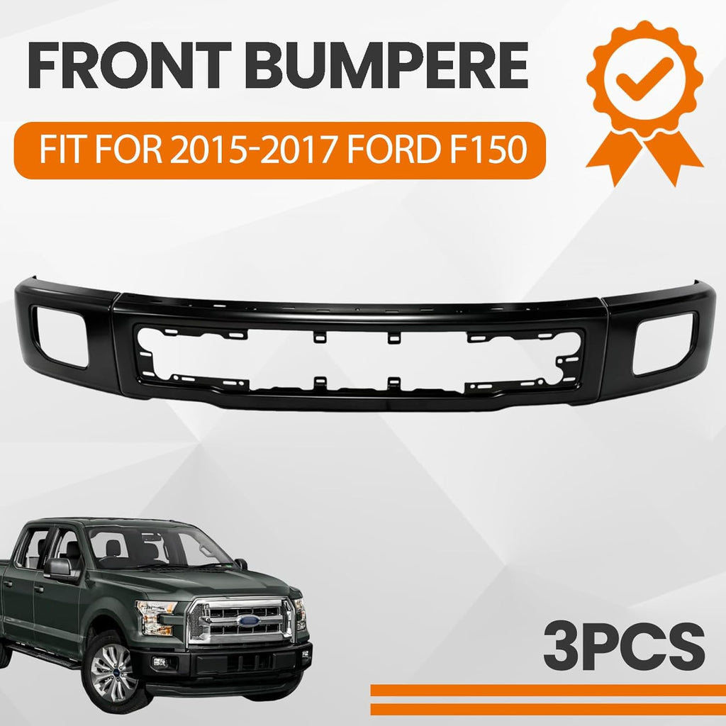 Front Bumper Face Bar Compatible with 2015-2017 Ford F-150 F150 with Fog Light Cutout Hole Replacement for FO1002424 FL3Z17757FPTM | 3 Piece Design Black