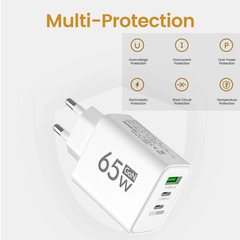 Gan 65W USB Type C PD Fast Charging Wall Charger Adapter for Iphone 15 14 Pro Max Xiaomi Samsung Oneplus POCO Quick Charger 3.0