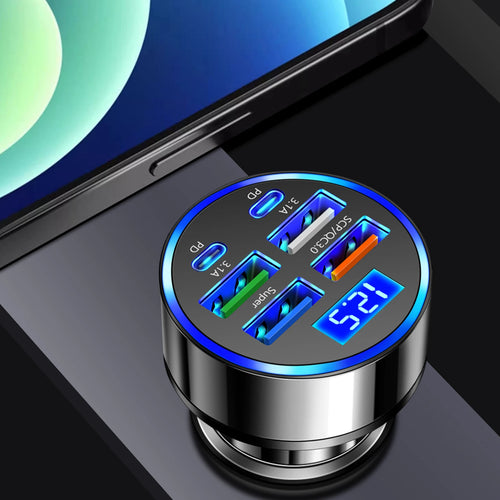 100W 6 Ports USB C Car Phone Charger Adapter 4USB 2PD Car Charger Adapter Fast Charger for Smart Phone & Tablets Charging