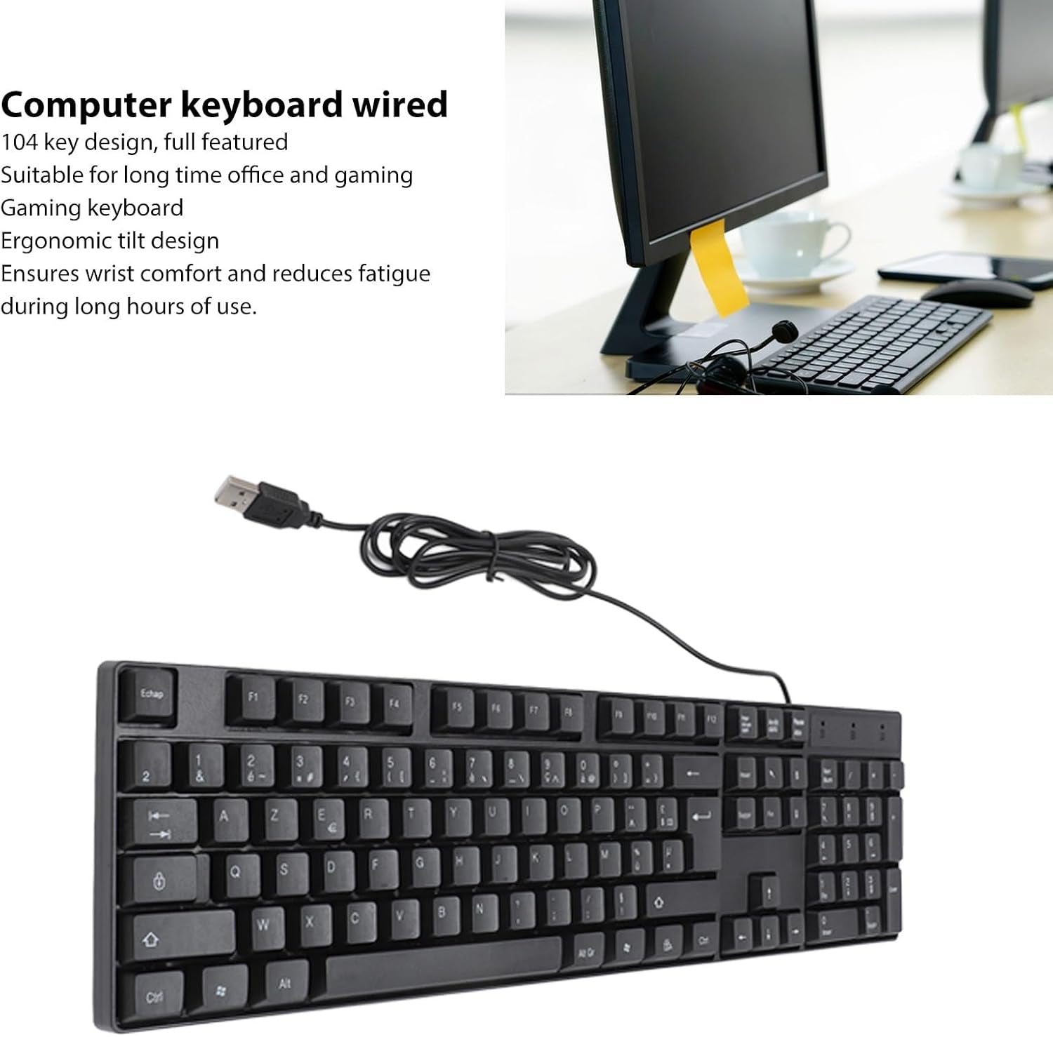 104 Keys USB Wired Gaming Keyboard, Ergonomic Design, Minority Language Keyboard with 1.5M Cable, for Office, Computer, and Laptop, 4.9Ft Cable (French(Azerty Layout)), q7809Fxogu-14