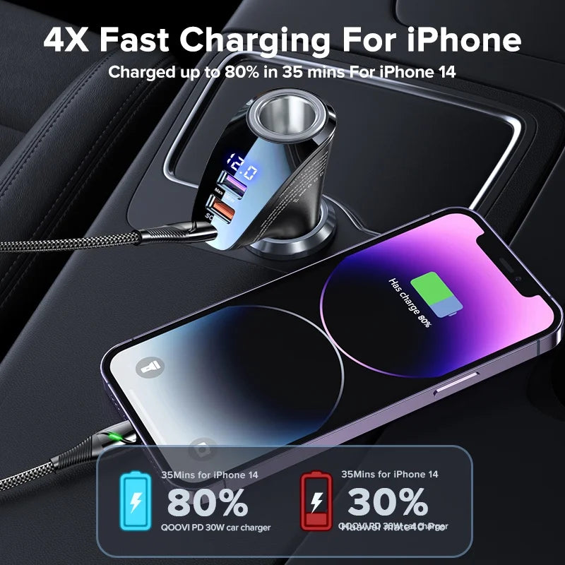 150W 4-Ports Car Charger USB Type C Super Fast Charging PD 4.0 Cigarette Lighter Socket for Iphone Xiaomi Samsung Huawei