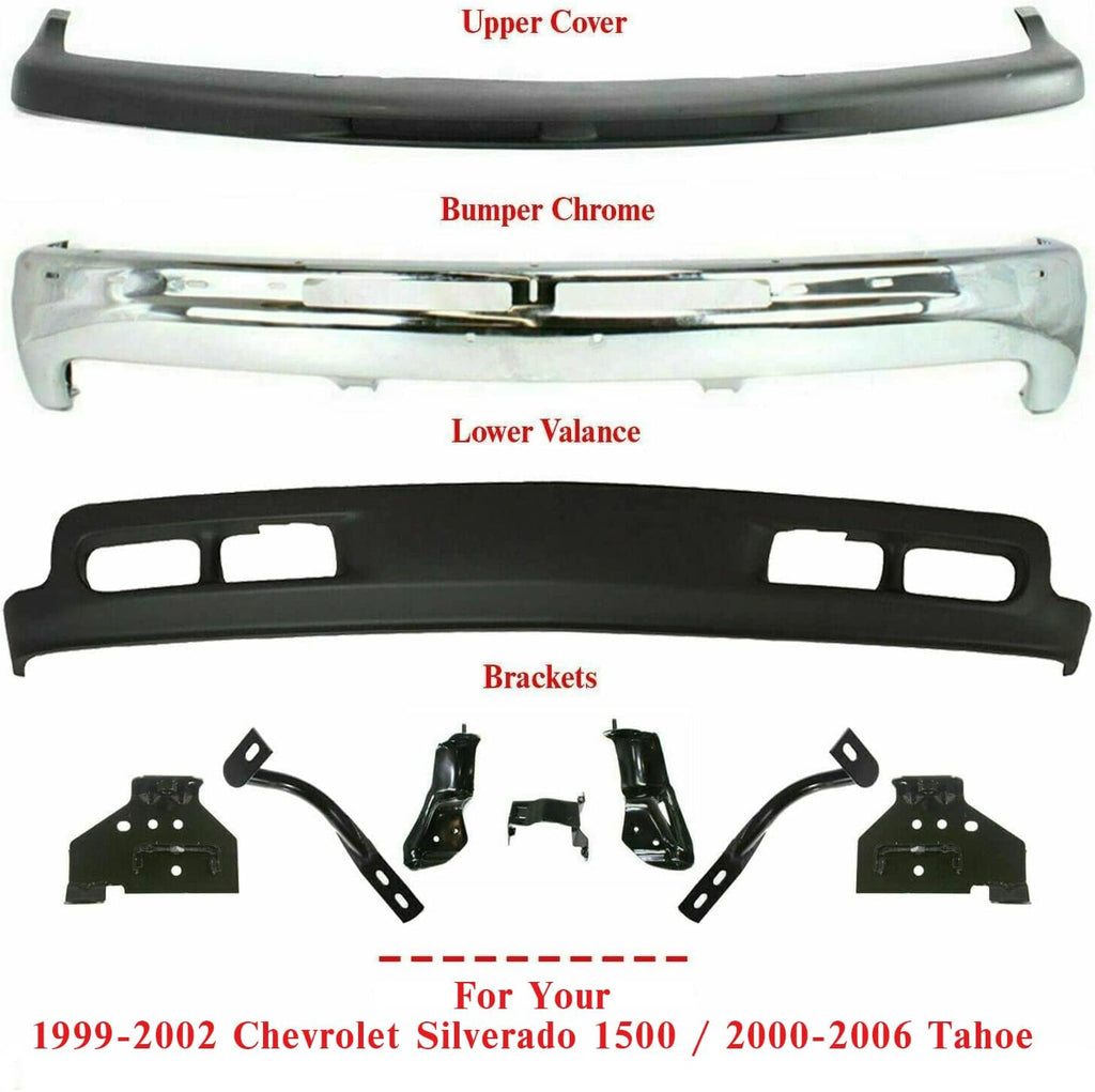 New Front Bumper Chrome Steel + Upper Cover + Lower Valance Primed + Outer Brace + Brackets LH & RH Side for Chevrolet Silverado 1500 1999-2002 / Tahoe 2000-2006 Direct Replacement