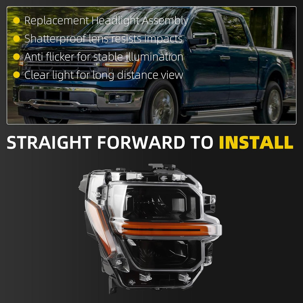 Headlight Assembly LED with Module Compatible with 2024 2025 Ford F150 XL XLT STX Tremor Head Lamp Right Passenger Side Replace RL34-13E014-AJ RL3Z-13008-G RL34-13E015-AF RL3Z-13008-H