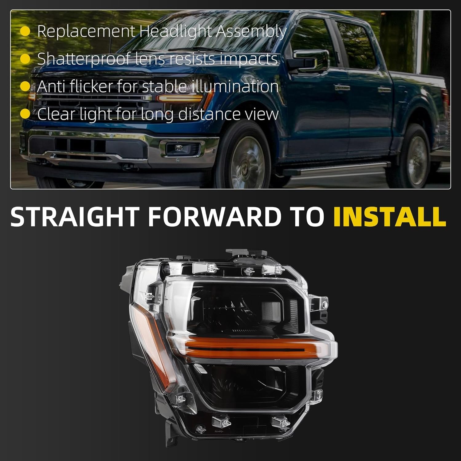 Headlight Assembly LED with Module Compatible with 2024 2025 Ford F150 XL XLT STX Tremor Head Lamp Right Passenger Side Replace RL34-13E014-AJ RL3Z-13008-G RL34-13E015-AF RL3Z-13008-H