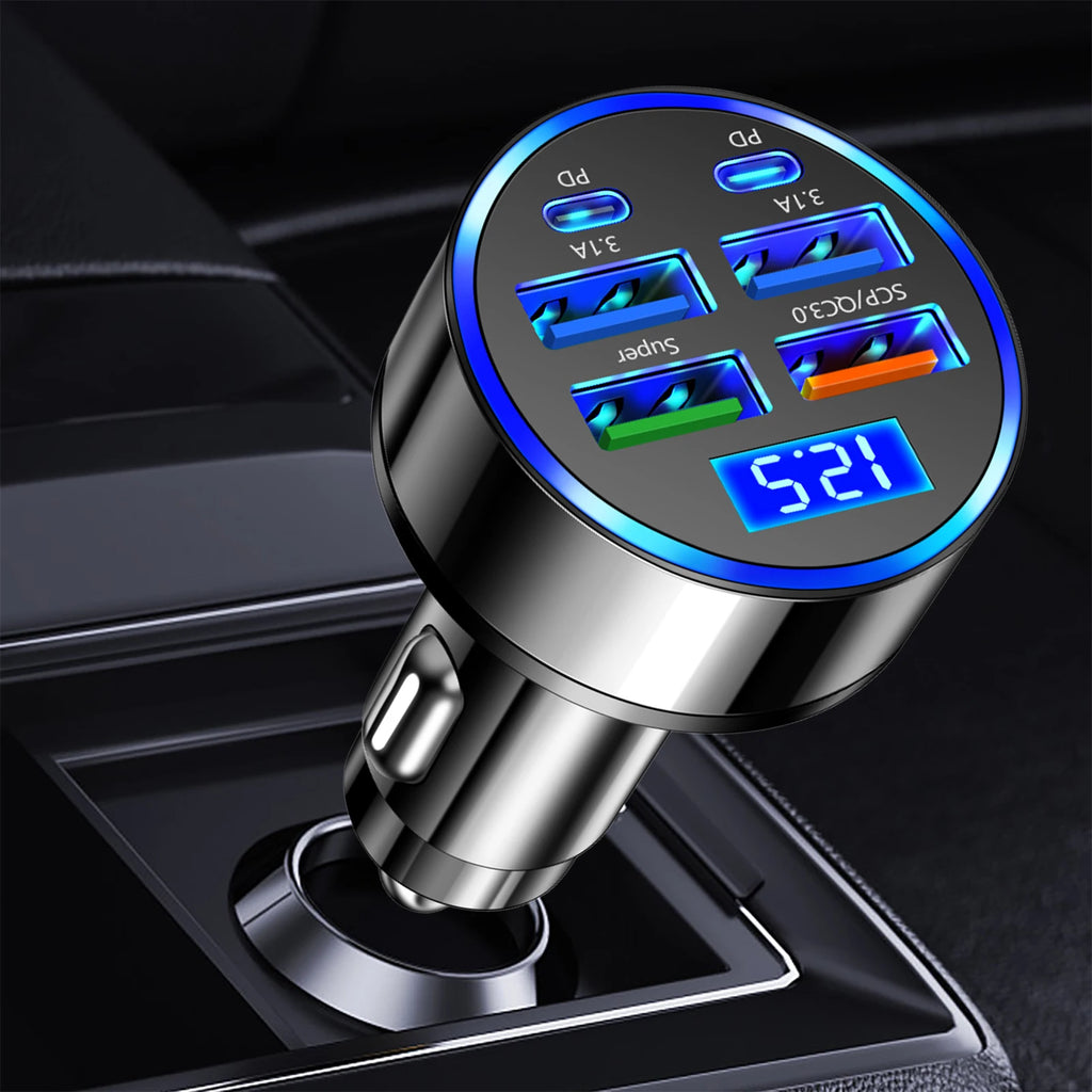 100W 6 Ports USB C Car Phone Charger Adapter 4USB 2PD Car Charger Adapter Fast Charger for Smart Phone & Tablets Charging
