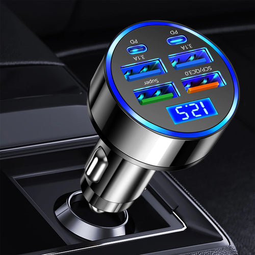 100W 6 Ports USB C Car Phone Charger Adapter 4USB 2PD Car Charger Adapter Fast Charger for Smart Phone & Tablets Charging