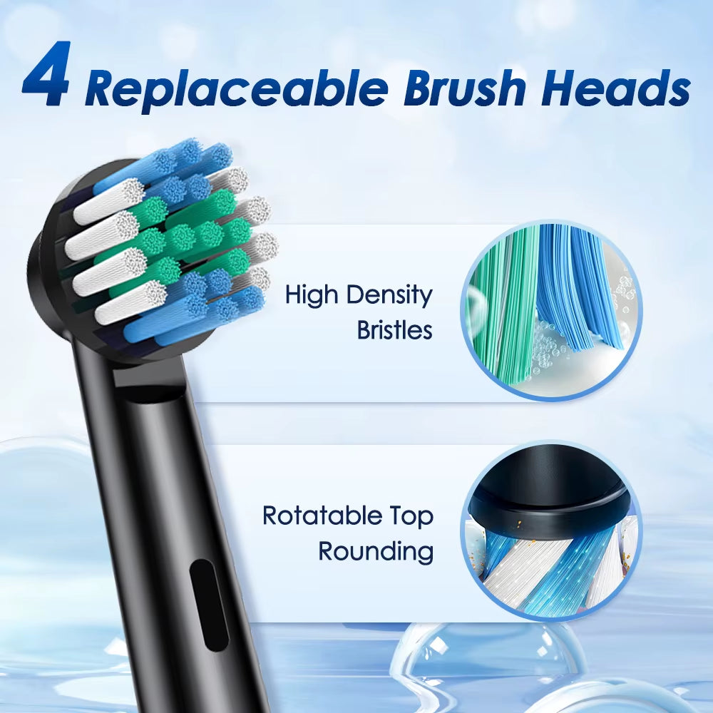 3D Rotating Electric Toothbrush 5 Modes USB Fast Rechargeable Rotary Electric Toothbrush with Travel Case 4 Brush Heads