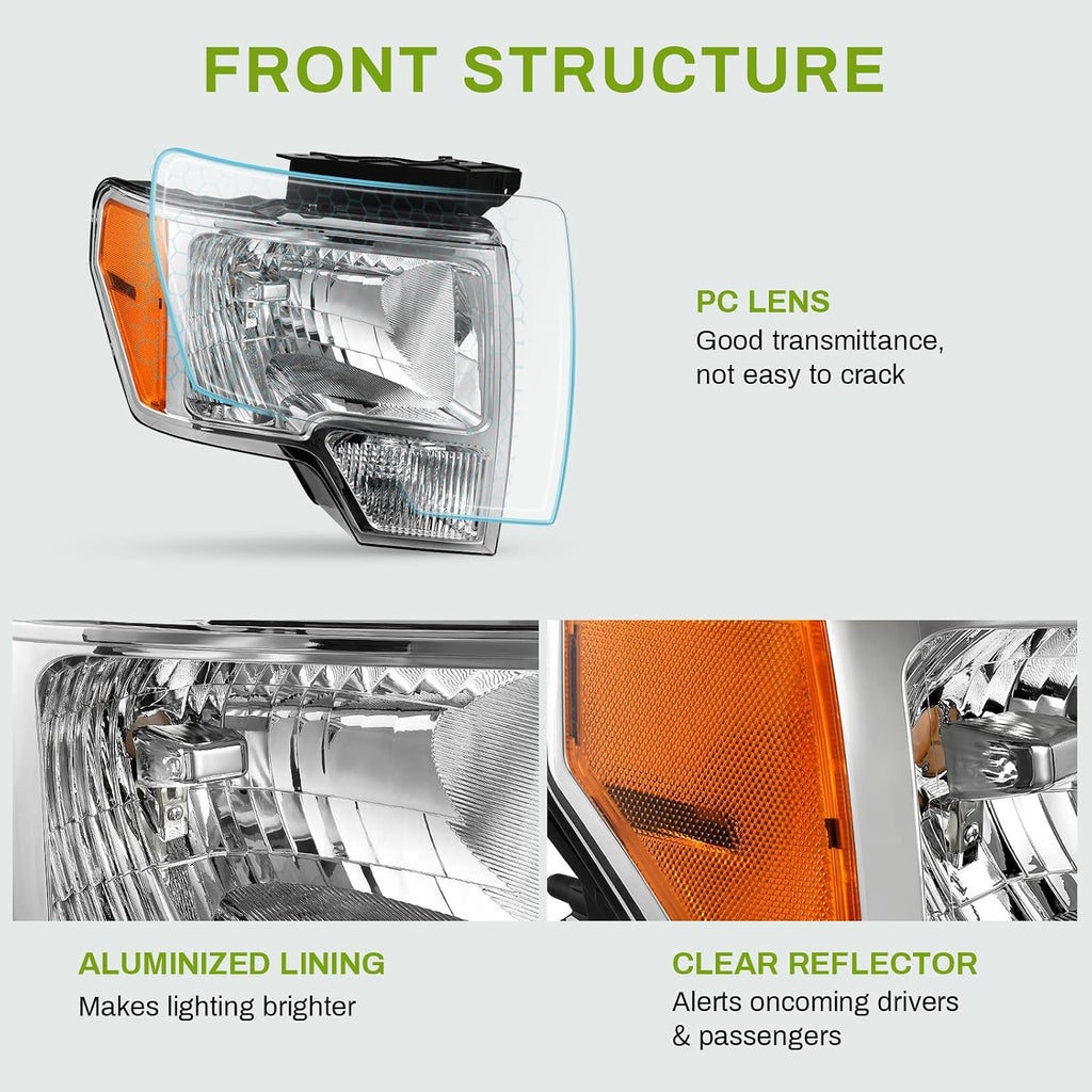 Headlight Assembly Compatible with 2009-2014 Ford F150 Pickup OE Direct Replacement Headlamp Chrome Housing Clear Lens with Chrome Trim