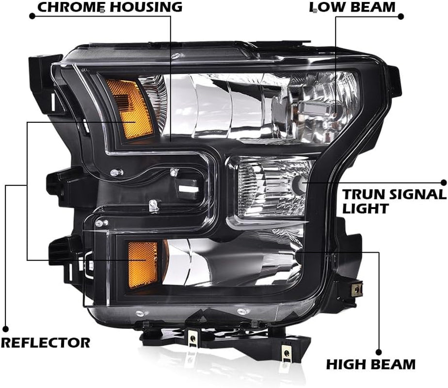 Headlights Assembly Compatible with 2015 2016 2017 Ford F150 Front Headlamp Clear Lens Black Housing Amber Reflector