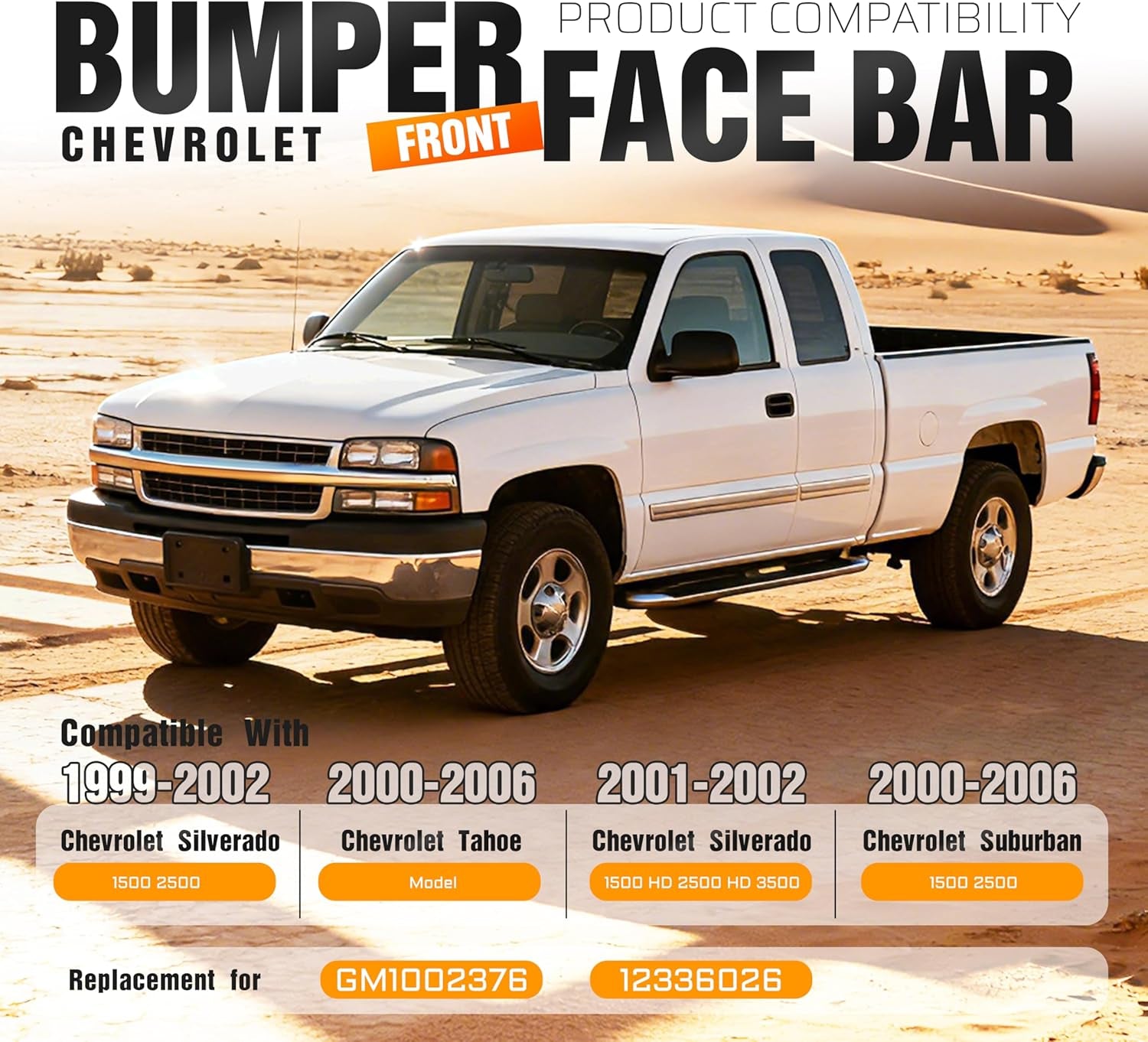 Front Bumper Face Bar(Split Design 3Pcs) Compatible with 2000-2006 Chevrolet Tahoe/Suburban 1500 2500&1999-2002 Chevrolet Silverado 1500 2500 3500 HD Bumper Impact Bar GM1002376 12336026