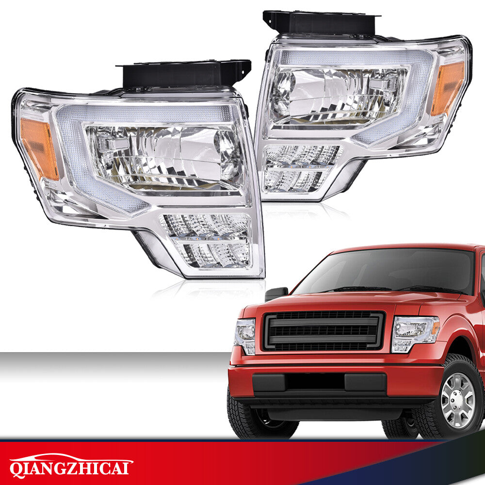 Fit for 09-2014 Ford F150 F-150 Truck LED DRL Headlights Chrome/ Clear