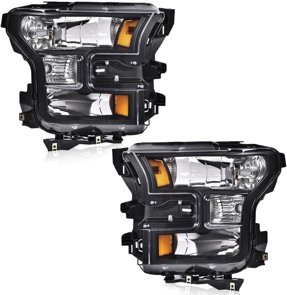 Front Headlights Assembly Headlamp Pair Compatible with Ford F150 2015 2016 2017 (Do Not Compatible with Models with LED or HID Headlights) Clear Lens Black Housing Amber Reflector FO2503335