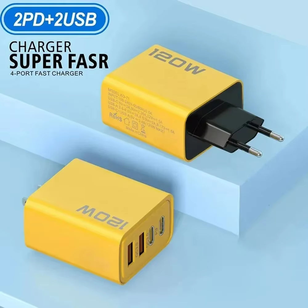 Total 120W USB C Fast Charger 4 Ports PD Quick Charging 3.0 Type C Mobile Phone Adapter Wall for Iphone 15 16 Pro Xiaomi Samsung