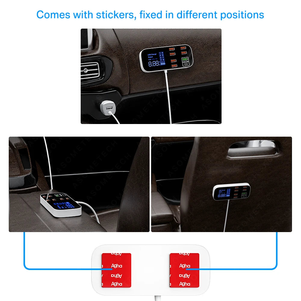 40W 8 Ports USB Car Charger QC3.0 PD Type C Fast Phone Charger with LED Display Multi USB Charger for Iphone 14 Android Samsung