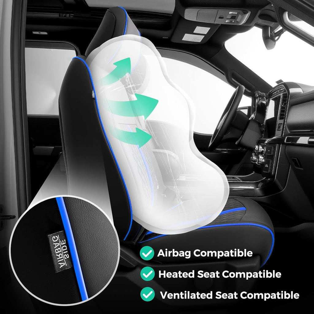 ® for Ford F150 Seat Covers: 2015-2026 Supercrew/Crew Cab, Full Set Faux Leather Truck Seat Covers for F-150 XL XLT, Car Accessories Custom Fit Pickup Seat Protectors for Ford F 150, Black/Blue