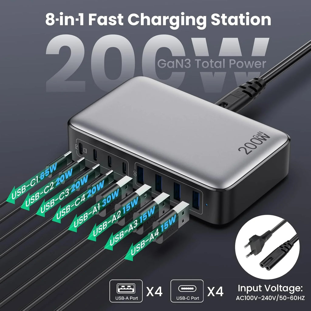 200W Fast Charging Station USB C Charger Block 8-Port Hub PD 65W Laptop Charger Adapter for Macbook,Dell, Iphone,Galaxy