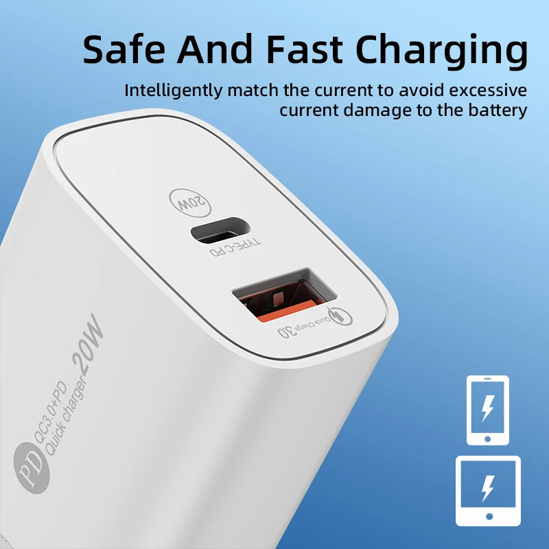 USB PD Charger 20W Dual Ports Type C Wall Charger Quick Charge 3.0 for Iphone Xiaomi Samsung Phone Charger Fast Charging Adapter