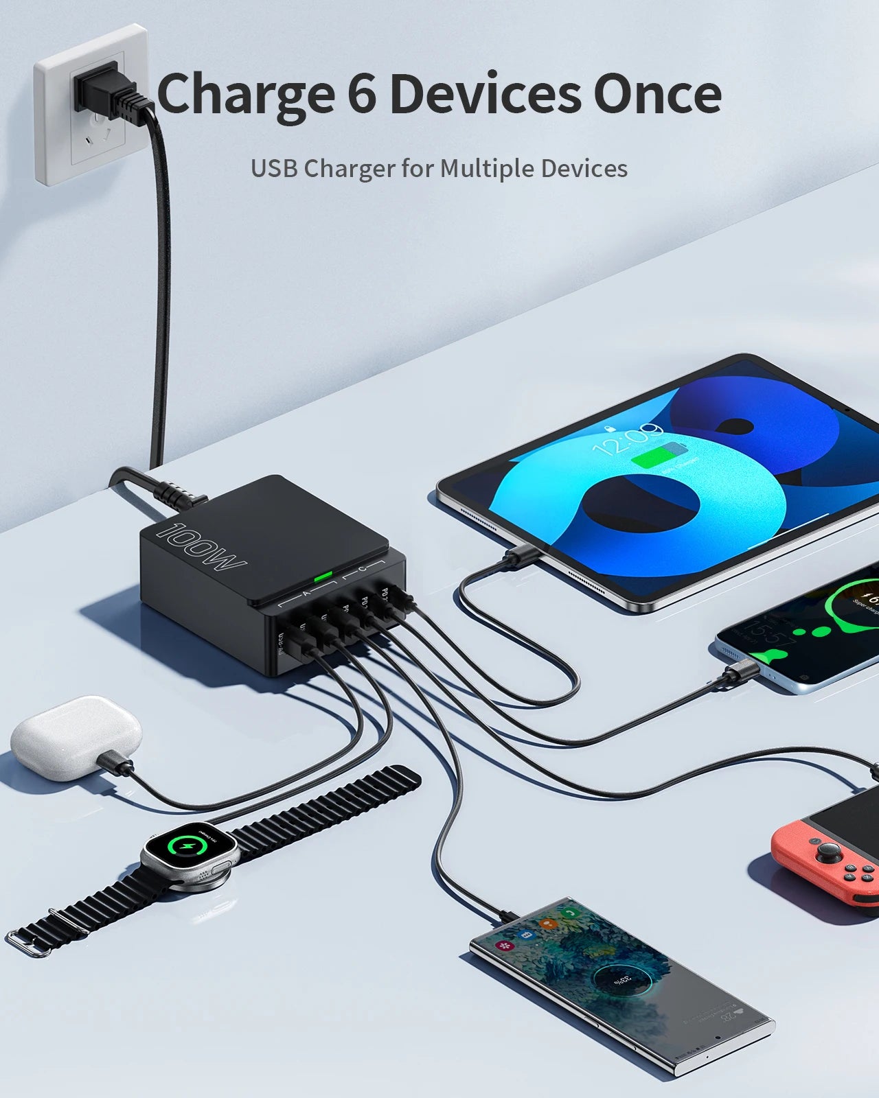 100W 6-Port Gan Quick Charge Hub - PD 3.0 Type C and USB a Charging Case - for Cell Phone Tablet Laptop