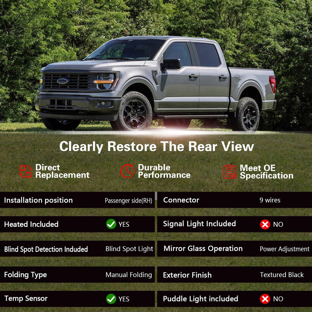 For Ford F150 Side Mirror Replacement Right Passenger for 2021-2025 F-150 Accessories 9 Pins Power Glass Turn & Temperature Sensor Heated Blind Spot Monitoring