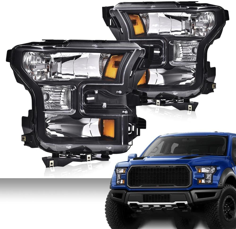 Front Headlights Assembly Headlamp Pair Compatible with Ford F150 2015 2016 2017 (Do Not Compatible with Models with LED or HID Headlights) Clear Lens Black Housing Amber Reflector FO2503335