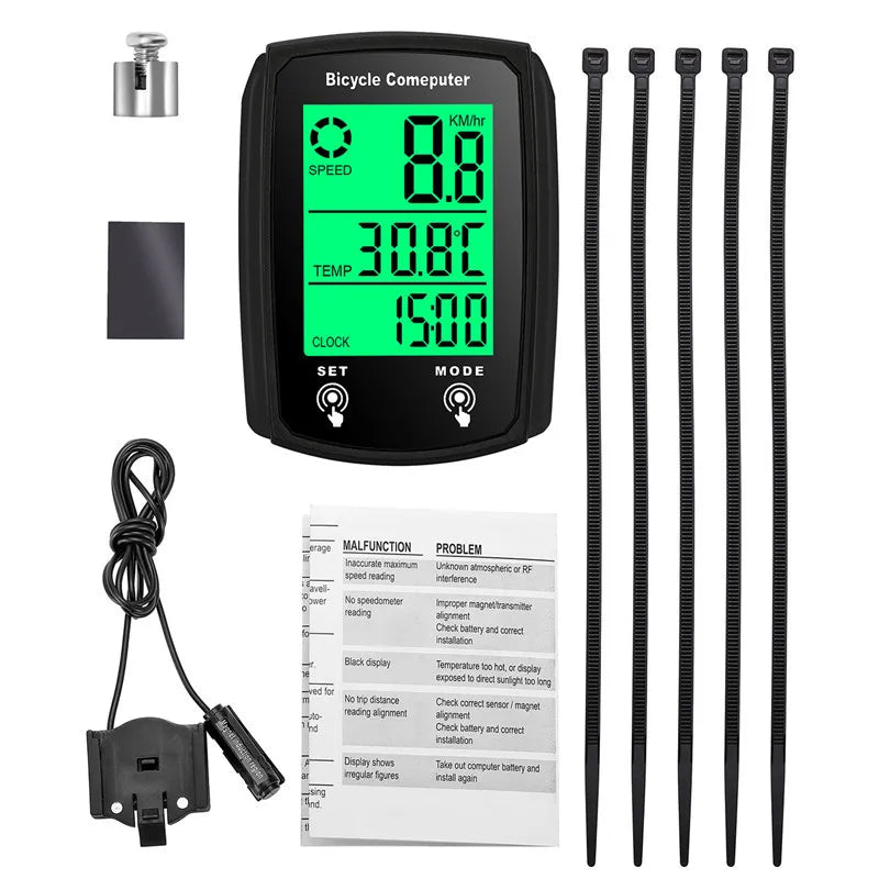 Waterproof Bike Computer, Wired Bicycle Speedometer Odometer Cycle Computer LCD Display with Backlight，Bicycle Computer